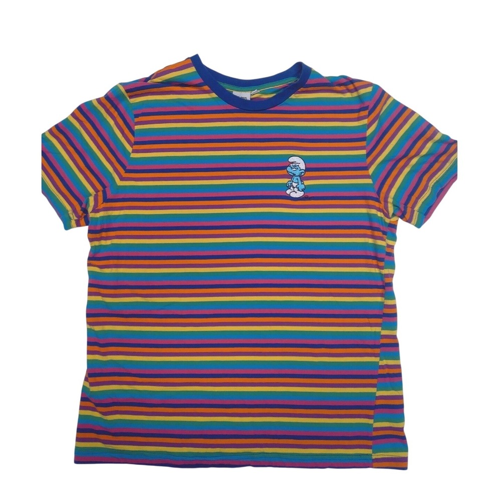 The Smurfs Mens Rainbow Striped T-Shirt Multicolor Hefty Smurf Embroidered XL